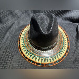 Bonitos Hand Painted Canvas/Jute Hand Sun Hat SZ M Black floral